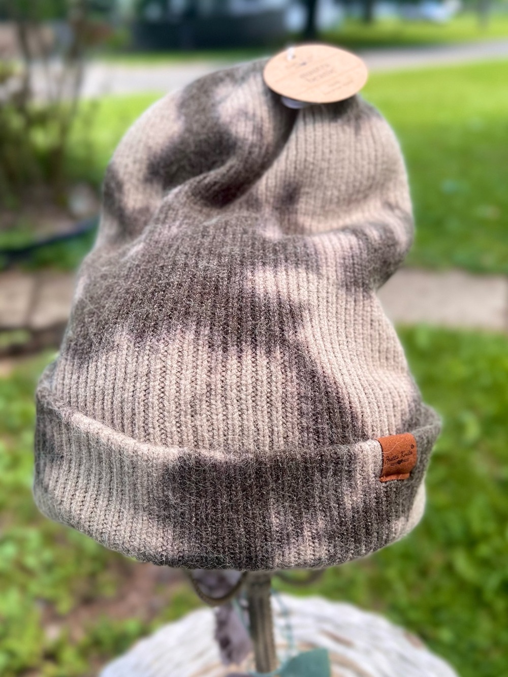 NEW Mantra Beanie Hat Olive Green Ribbed Knit Winter Hat Tie Dye Grunge Slouchy